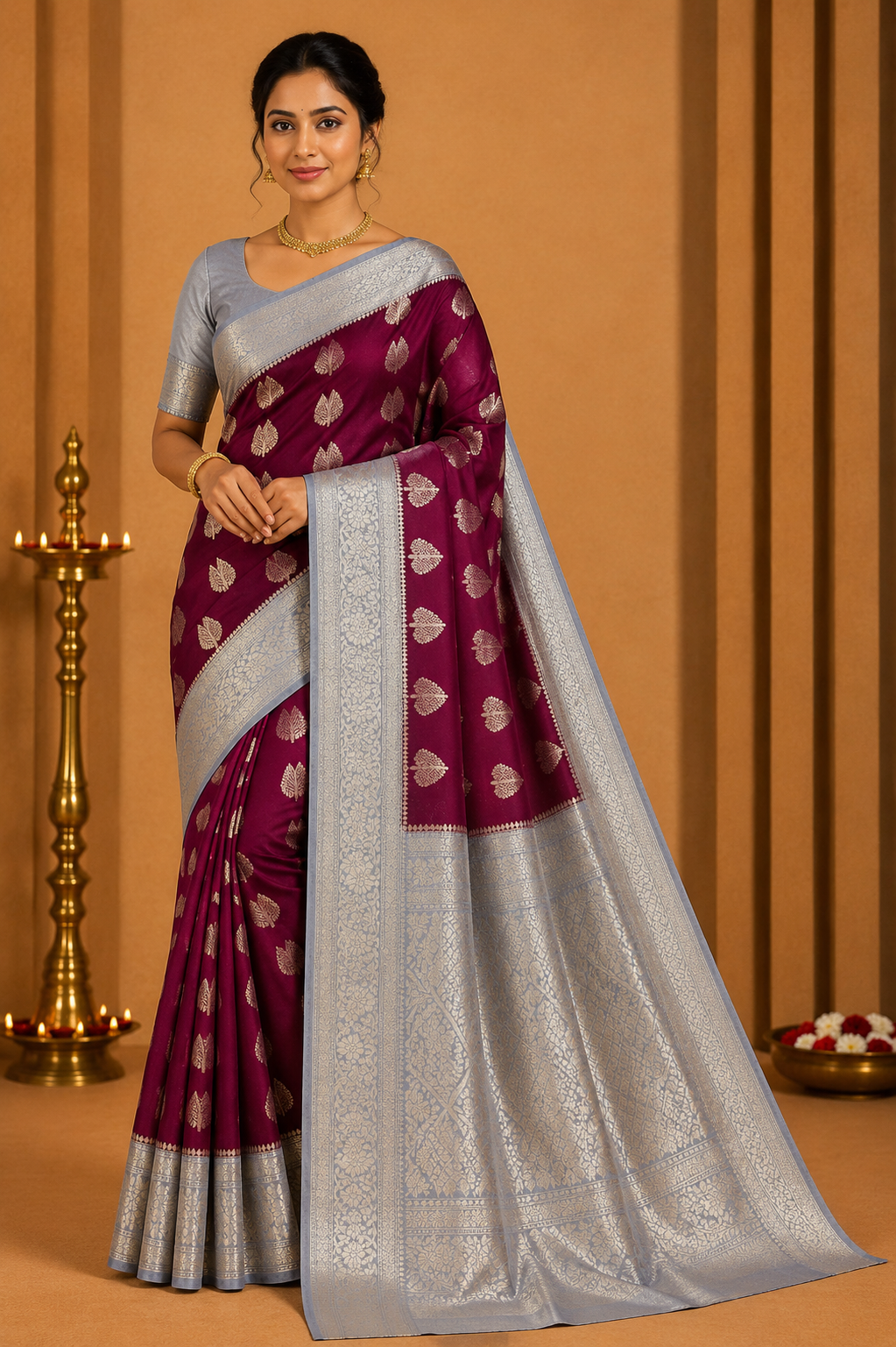 Mysore silk -Wine Maroon & Silver Grey Mysore Semi Silk Saree with Leaf Butta Zari
