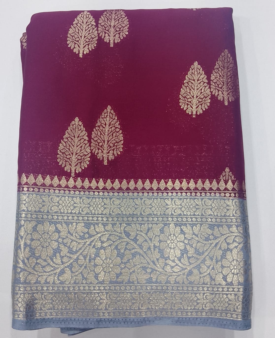Mysore silk -Wine Maroon & Silver Grey Mysore Semi Silk Saree with Leaf Butta Zari