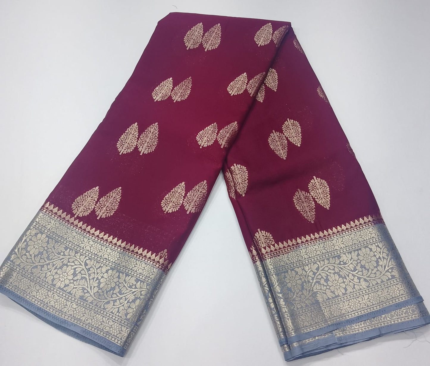 Mysore silk -Wine Maroon & Silver Grey Mysore Semi Silk Saree with Leaf Butta Zari