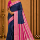 Mysore Silk -Navy Blue & Magenta Pink Mysore Semi Silk Saree with Silver Zari