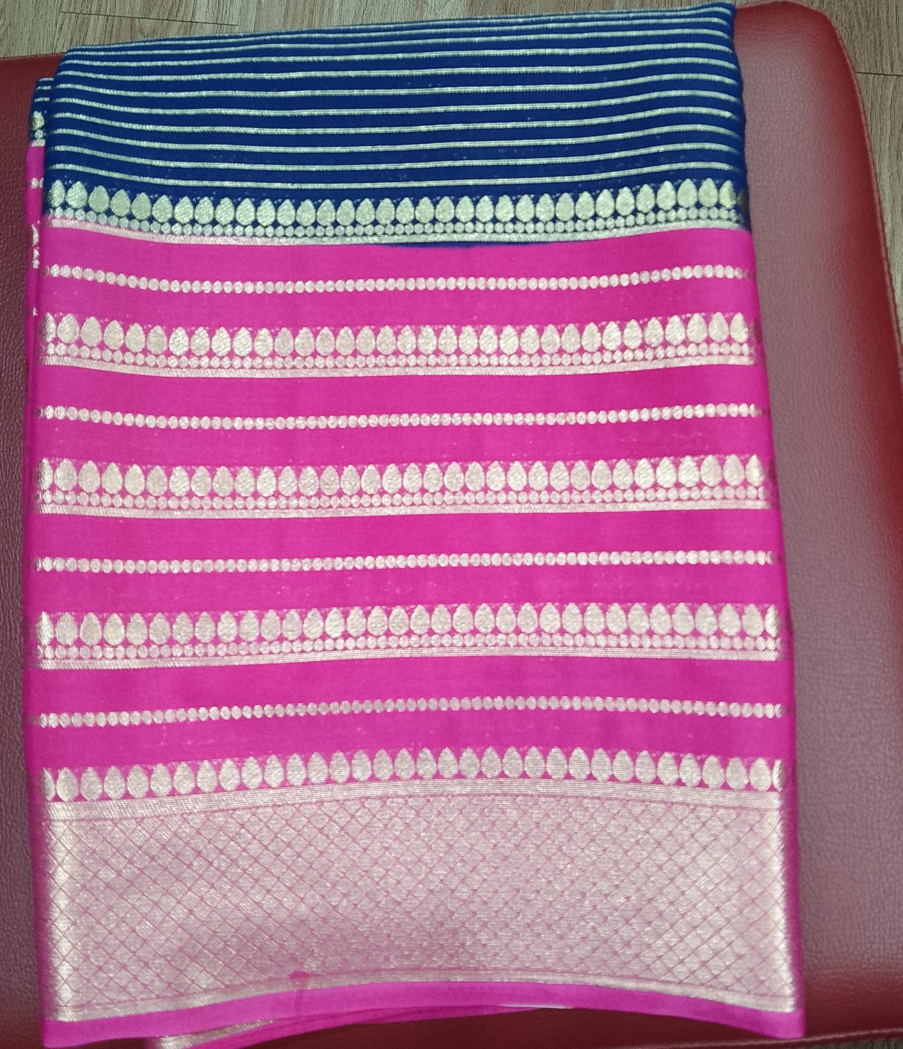 Mysore Silk -Navy Blue & Magenta Pink Mysore Semi Silk Saree with Silver Zari