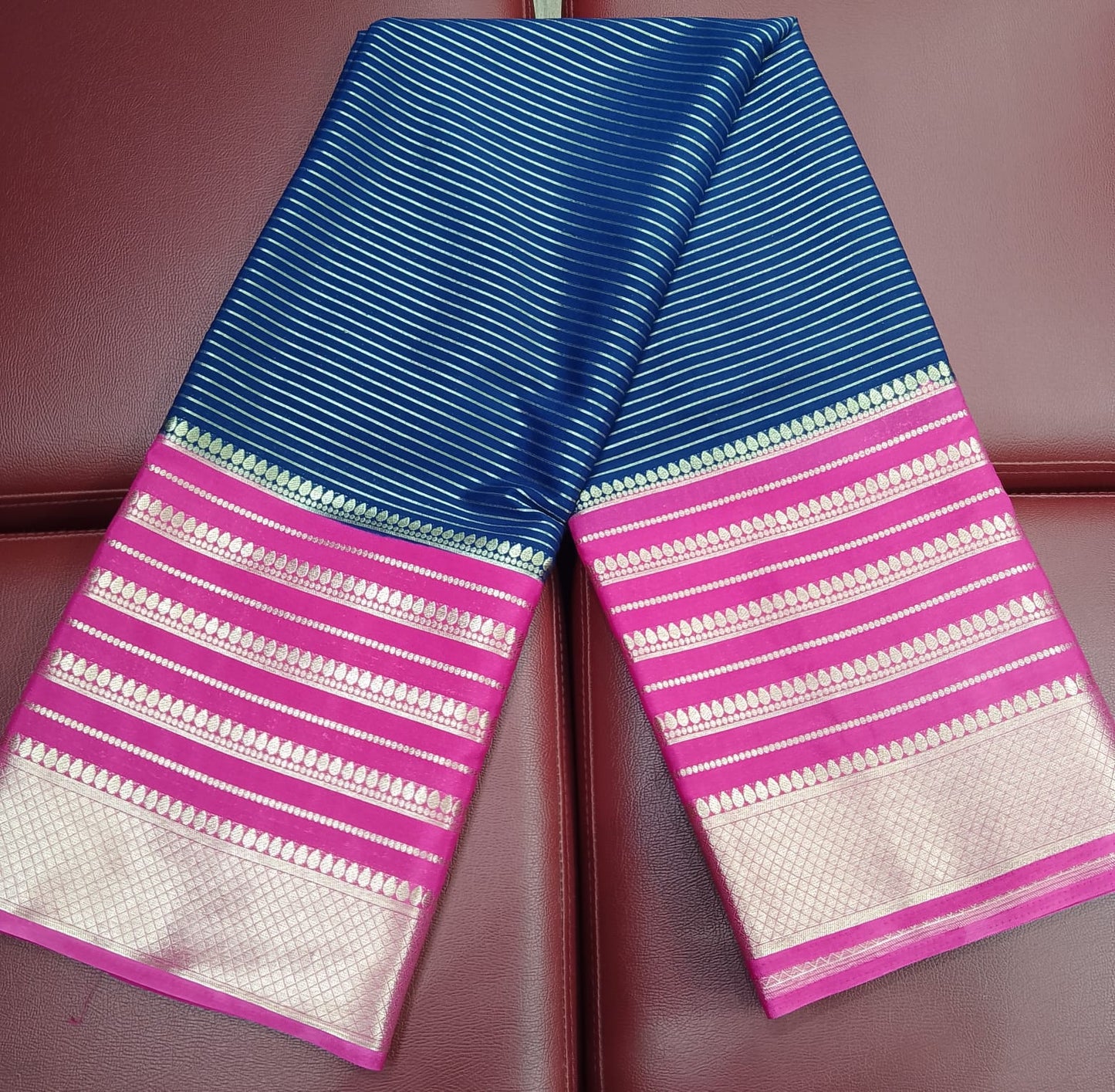 Mysore Silk -Navy Blue & Magenta Pink Mysore Semi Silk Saree with Silver Zari