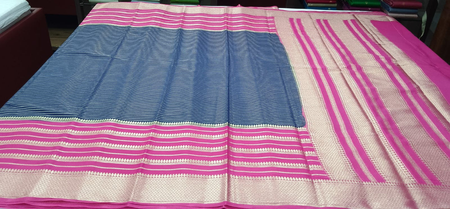 Mysore Silk -Navy Blue & Magenta Pink Mysore Semi Silk Saree with Silver Zari