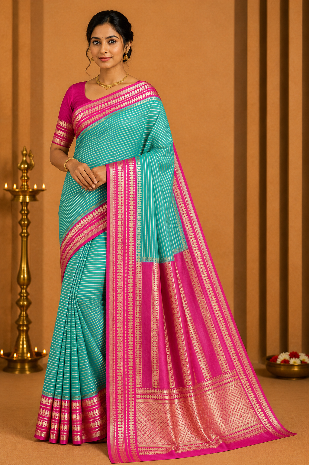 Mysore Silk - Aqua Turquoise & Magenta Pink Mysore Semi Silk Saree with Gold Zari