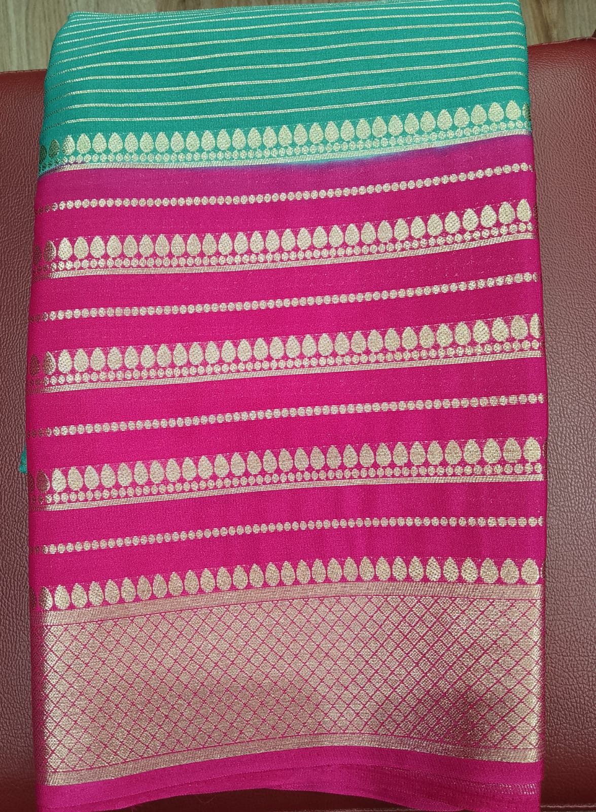 Mysore Silk - Aqua Turquoise & Magenta Pink Mysore Semi Silk Saree with Gold Zari