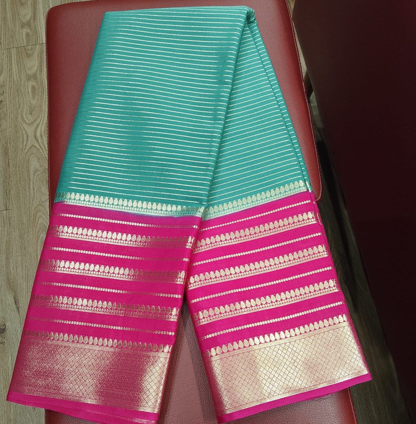 Mysore Silk - Aqua Turquoise & Magenta Pink Mysore Semi Silk Saree with Gold Zari