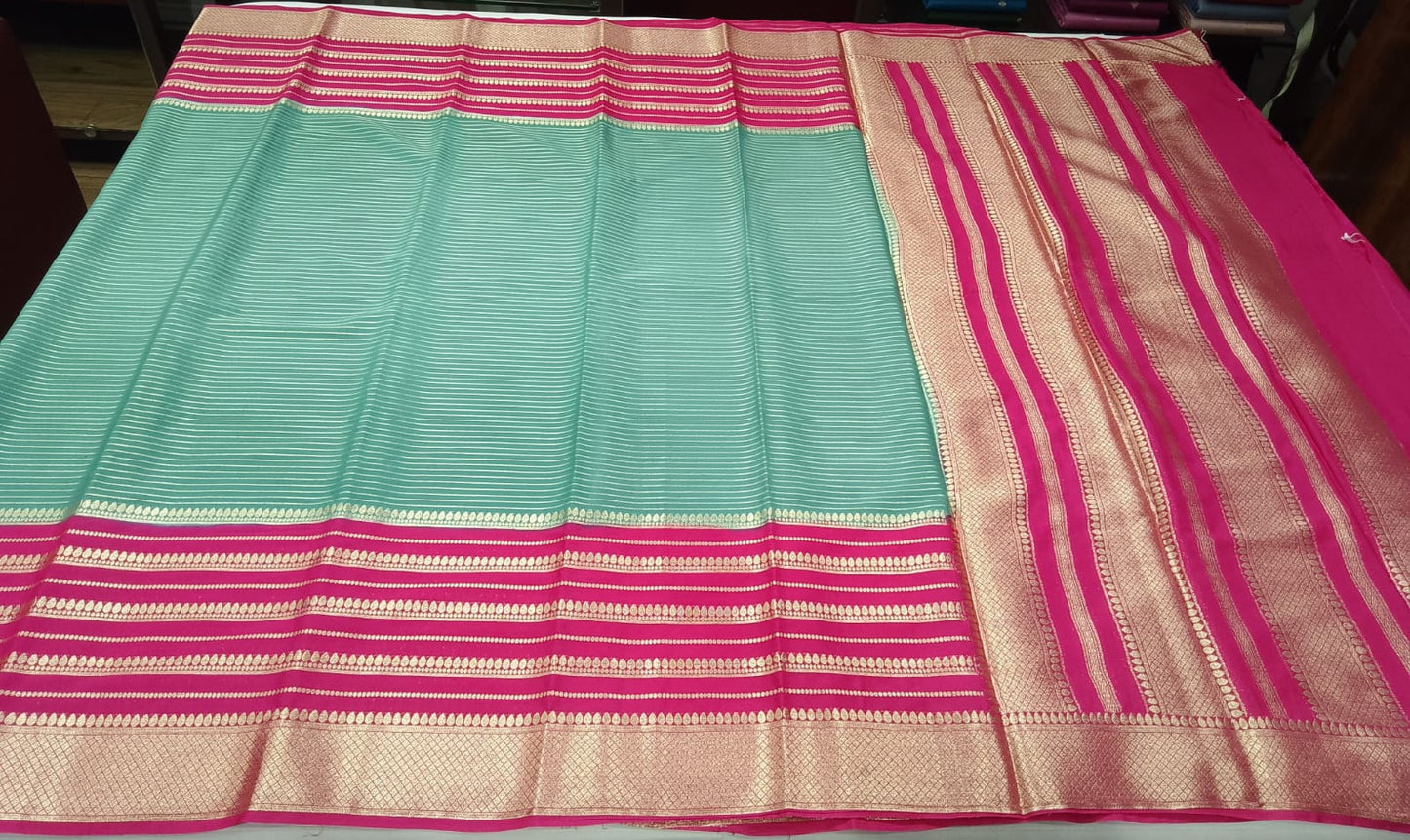 Mysore Silk - Aqua Turquoise & Magenta Pink Mysore Semi Silk Saree with Gold Zari