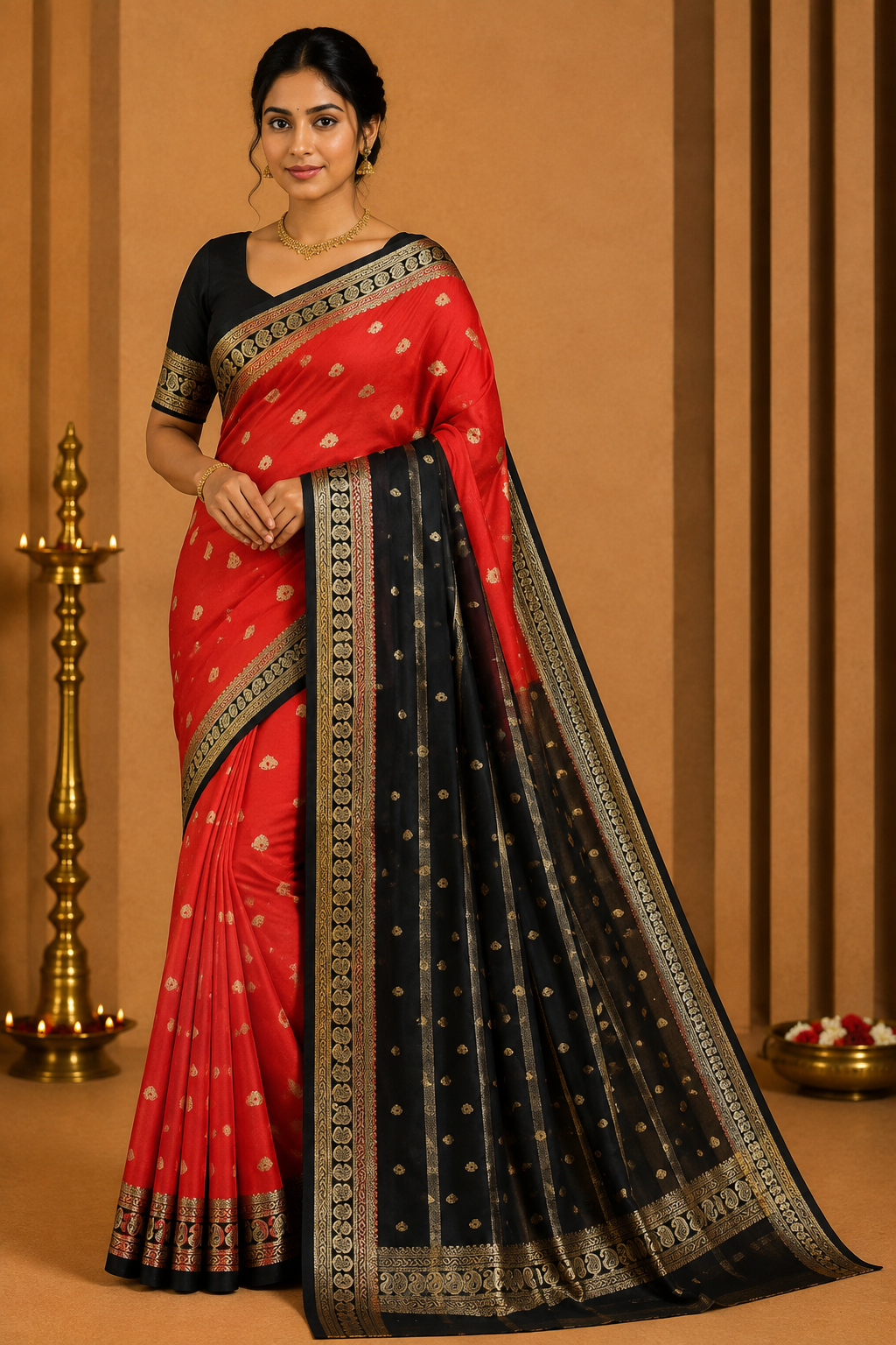 Mysore Silk - Coral Red & Black Mysore Semi Silk Saree with Gold Zari Butta & Traditional Border