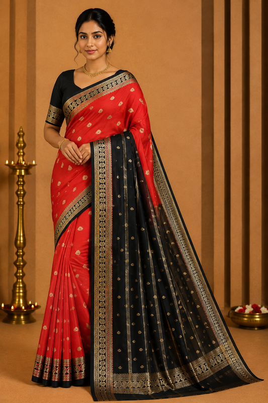 Mysore Silk - Coral Red & Black Mysore Semi Silk Saree with Gold Zari Butta & Traditional Border