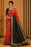 Mysore Silk - Coral Red & Black Mysore Semi Silk Saree with Gold Zari Butta & Traditional Border