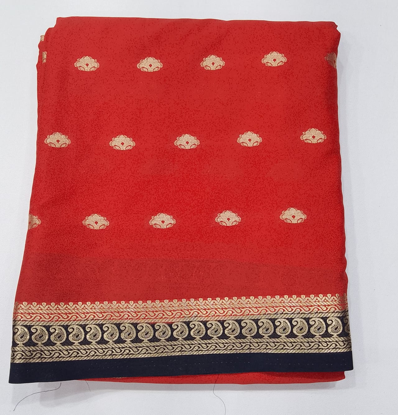 Mysore Silk - Coral Red & Black Mysore Semi Silk Saree with Gold Zari Butta & Traditional Border