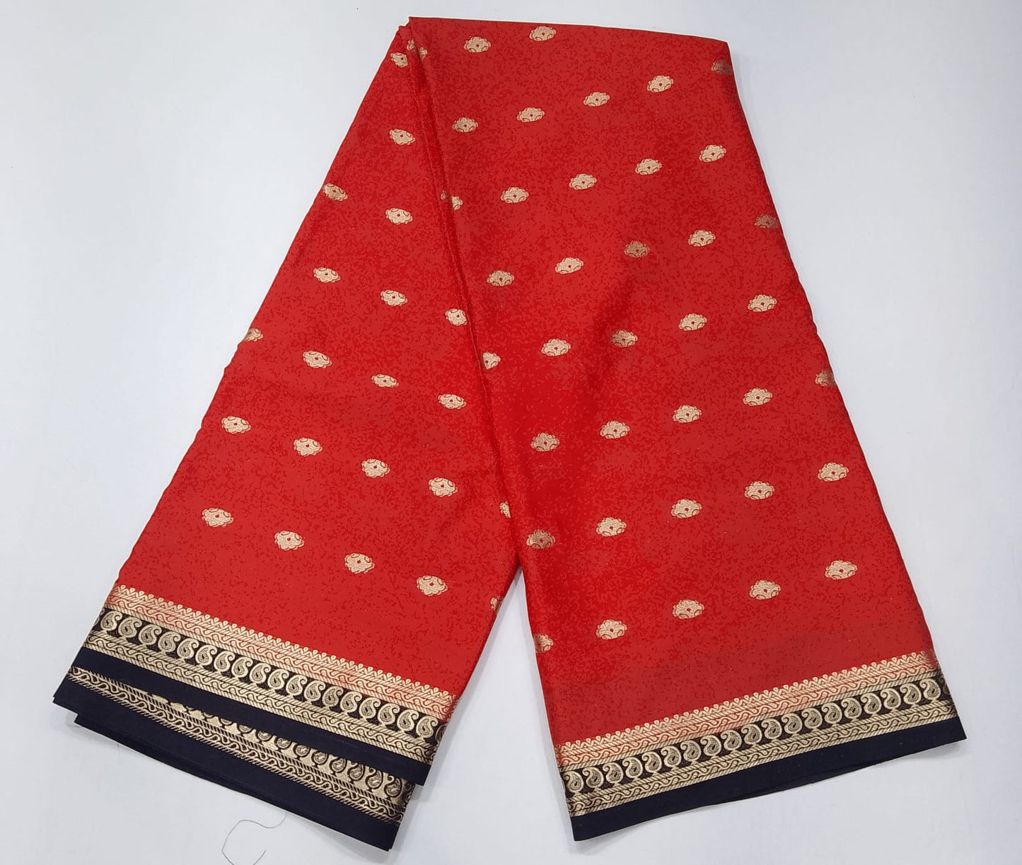 Mysore Silk - Coral Red & Black Mysore Semi Silk Saree with Gold Zari Butta & Traditional Border