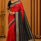 Mysore silk -Coral Red & Black Mysore Semi Silk Saree with Antique Gold Zari Border & Striped Pallu Bentex Border
