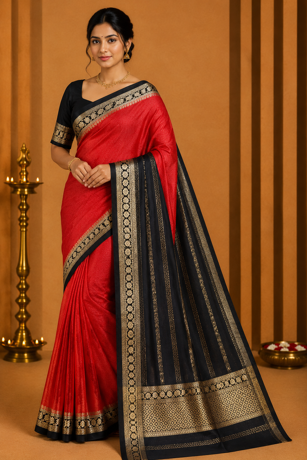 Mysore silk -Coral Red & Black Mysore Semi Silk Saree with Antique Gold Zari Border & Striped Pallu Bentex Border