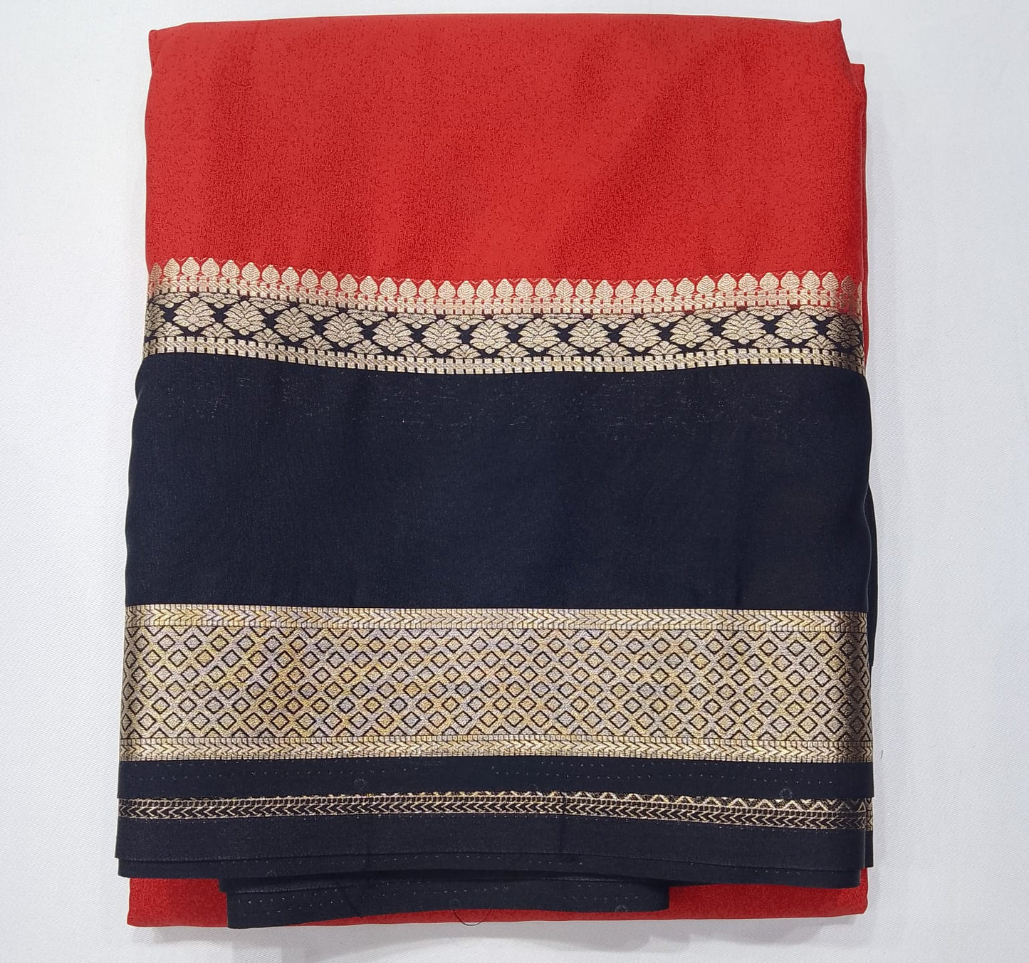 Mysore silk -Coral Red & Black Mysore Semi Silk Saree with Antique Gold Zari Border & Striped Pallu Bentex Border