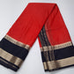 Mysore silk -Coral Red & Black Mysore Semi Silk Saree with Antique Gold Zari Border & Striped Pallu Bentex Border
