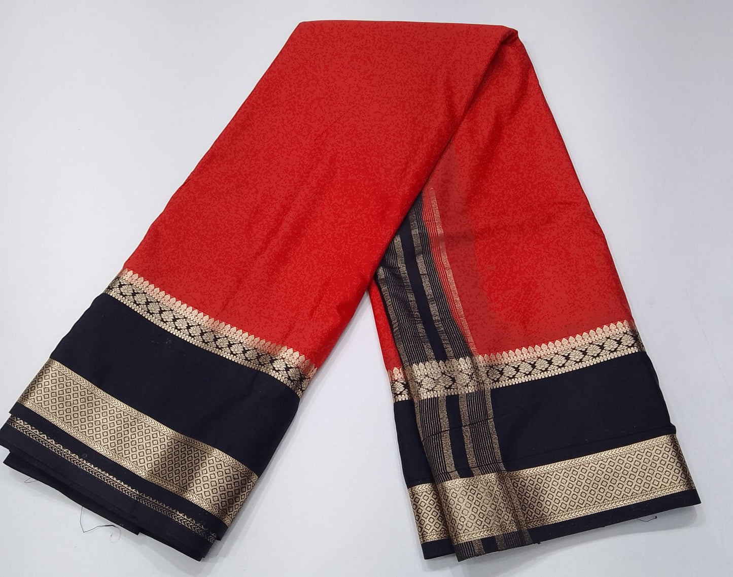Mysore silk -Coral Red & Black Mysore Semi Silk Saree with Antique Gold Zari Border & Striped Pallu Bentex Border