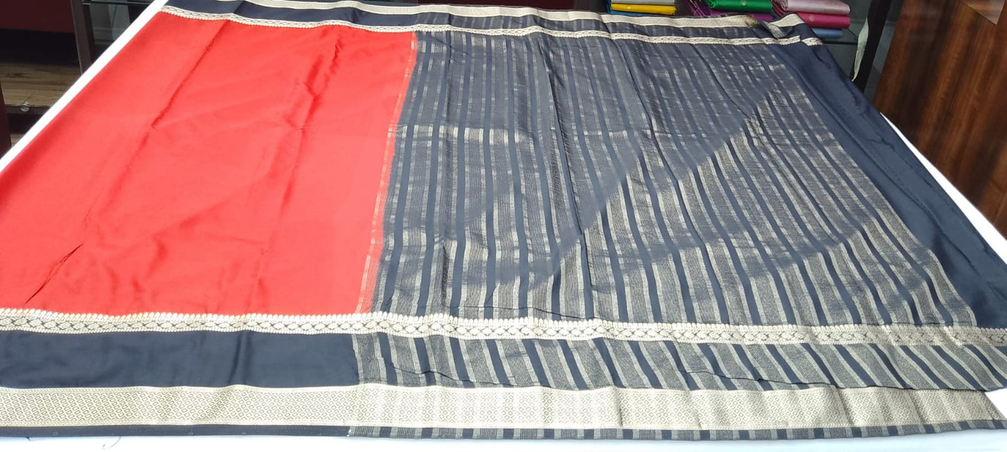 Mysore silk -Coral Red & Black Mysore Semi Silk Saree with Antique Gold Zari Border & Striped Pallu Bentex Border