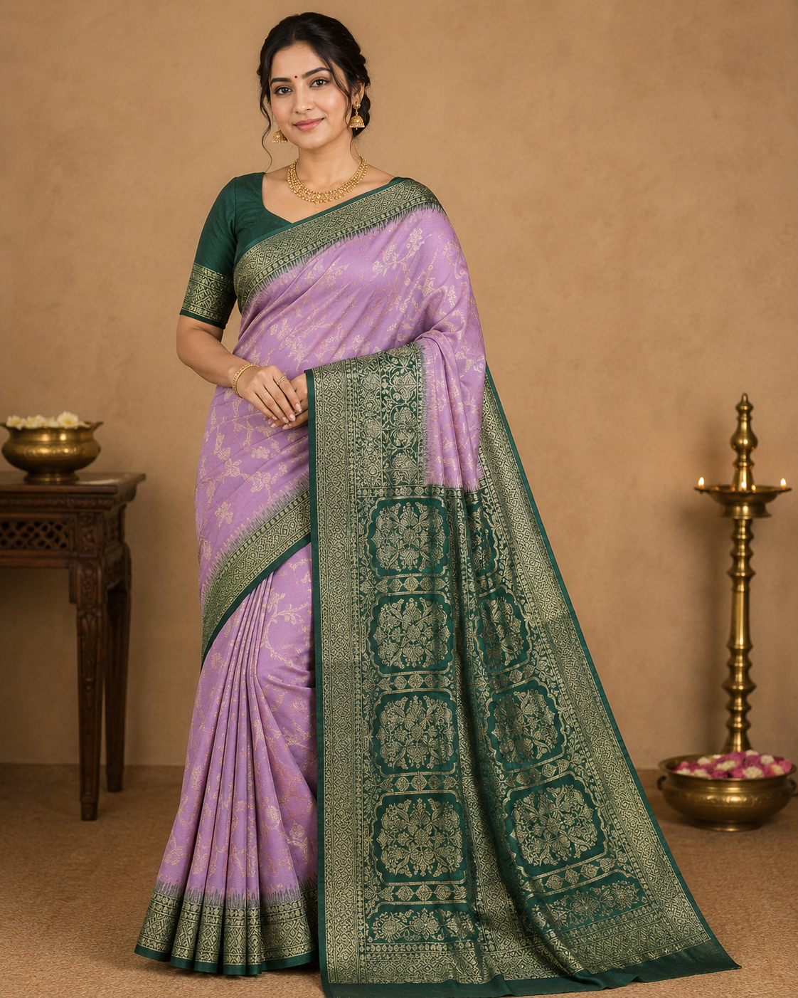 Lavender Mauve Georgette Chinnon Saree with Bottle Green Zari Border
