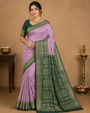 Lavender Mauve Georgette Chinnon Saree with Bottle Green Zari Border