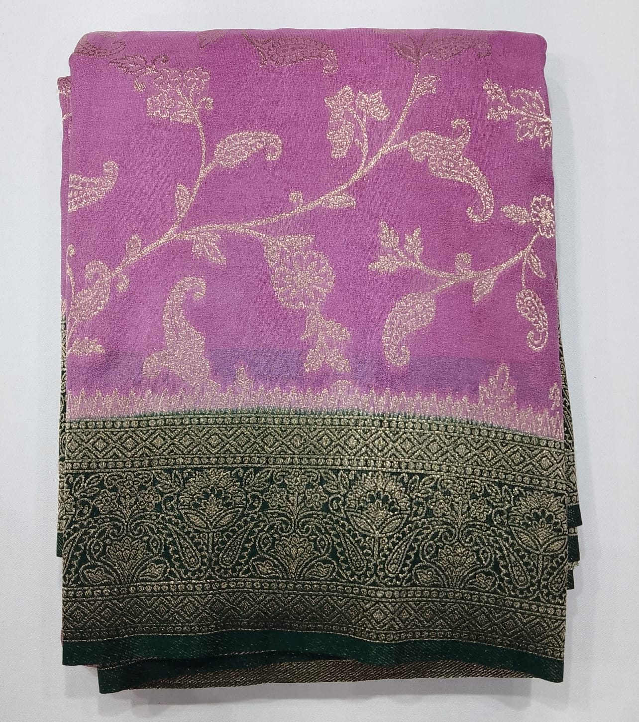 Lavender Mauve Georgette Chinnon Saree with Bottle Green Zari Border
