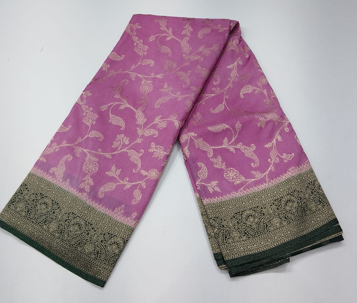 Lavender Mauve Georgette Chinnon Saree with Bottle Green Zari Border