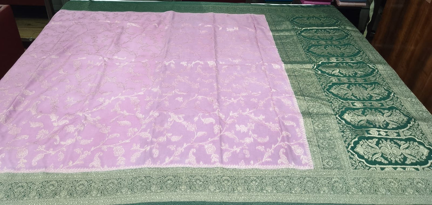 Lavender Mauve Georgette Chinnon Saree with Bottle Green Zari Border