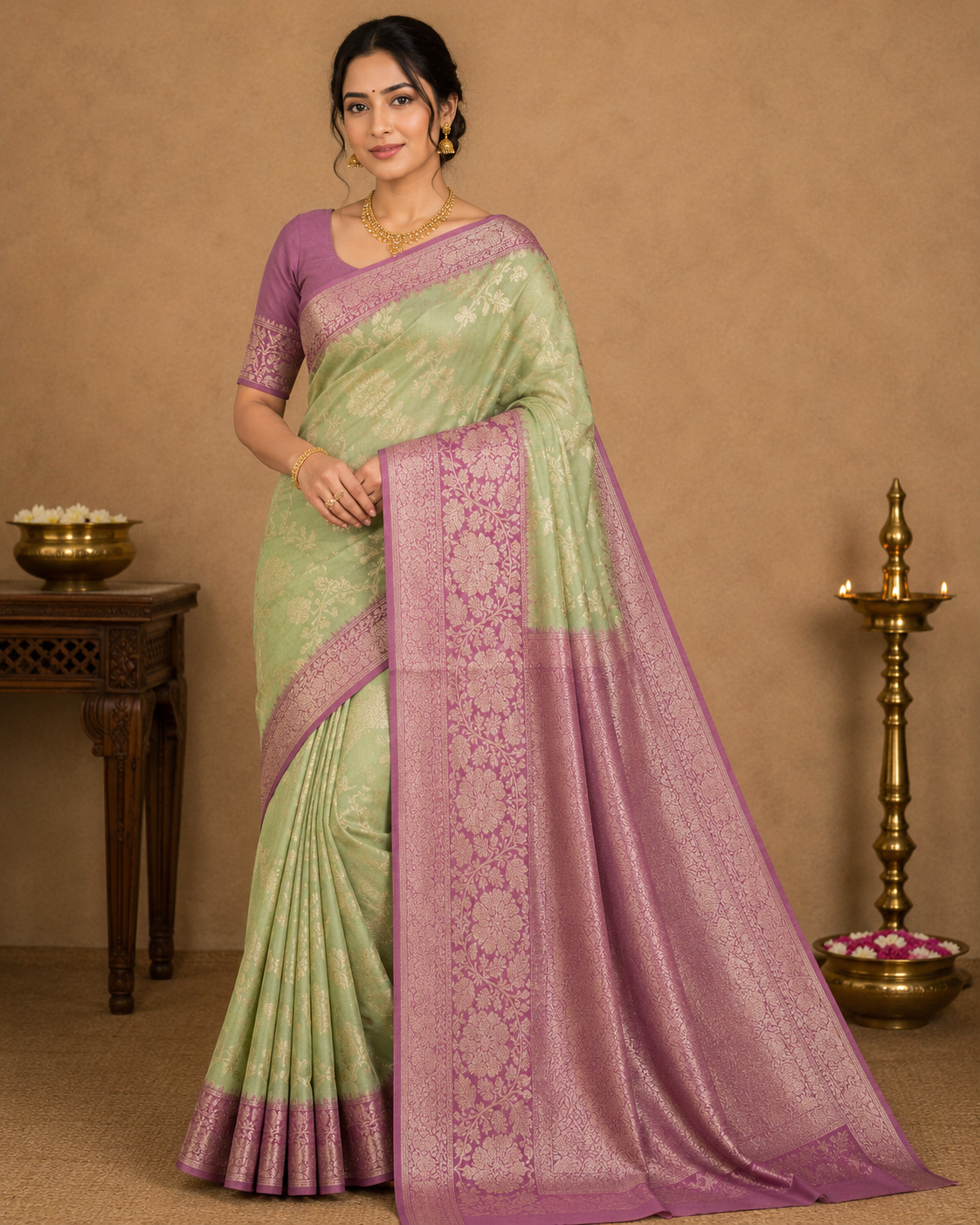 Pistachio Green & Mauve Plum Georgette Chinnon Saree with Antique Gold Zari