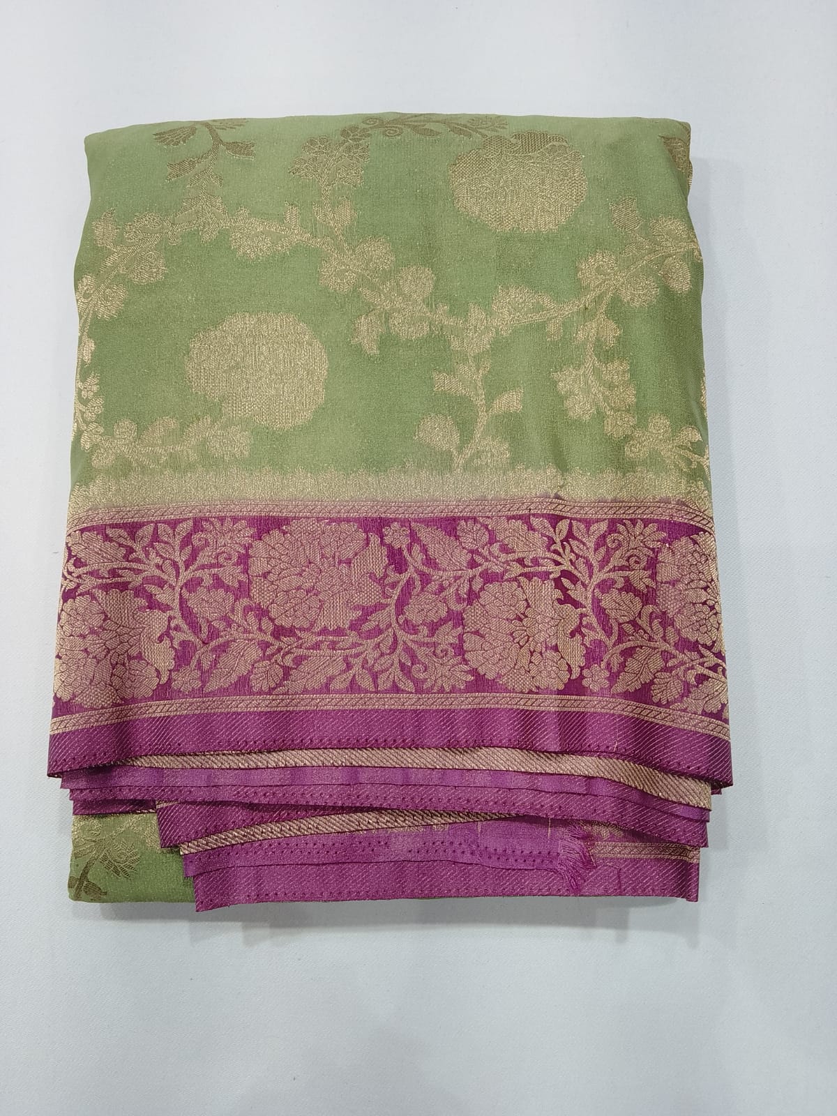 Pistachio Green & Mauve Plum Georgette Chinnon Saree with Antique Gold Zari