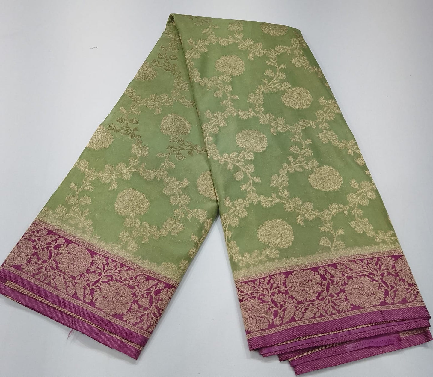 Pistachio Green & Mauve Plum Georgette Chinnon Saree with Antique Gold Zari