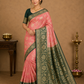 Coral Pink & Forest Green Georgette Chinnon Saree with Antique Gold Zari