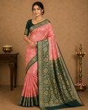 Coral Pink & Forest Green Georgette Chinnon Saree with Antique Gold Zari