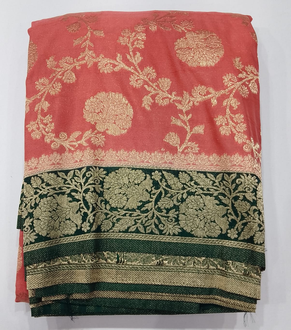 Coral Pink & Forest Green Georgette Chinnon Saree with Antique Gold Zari
