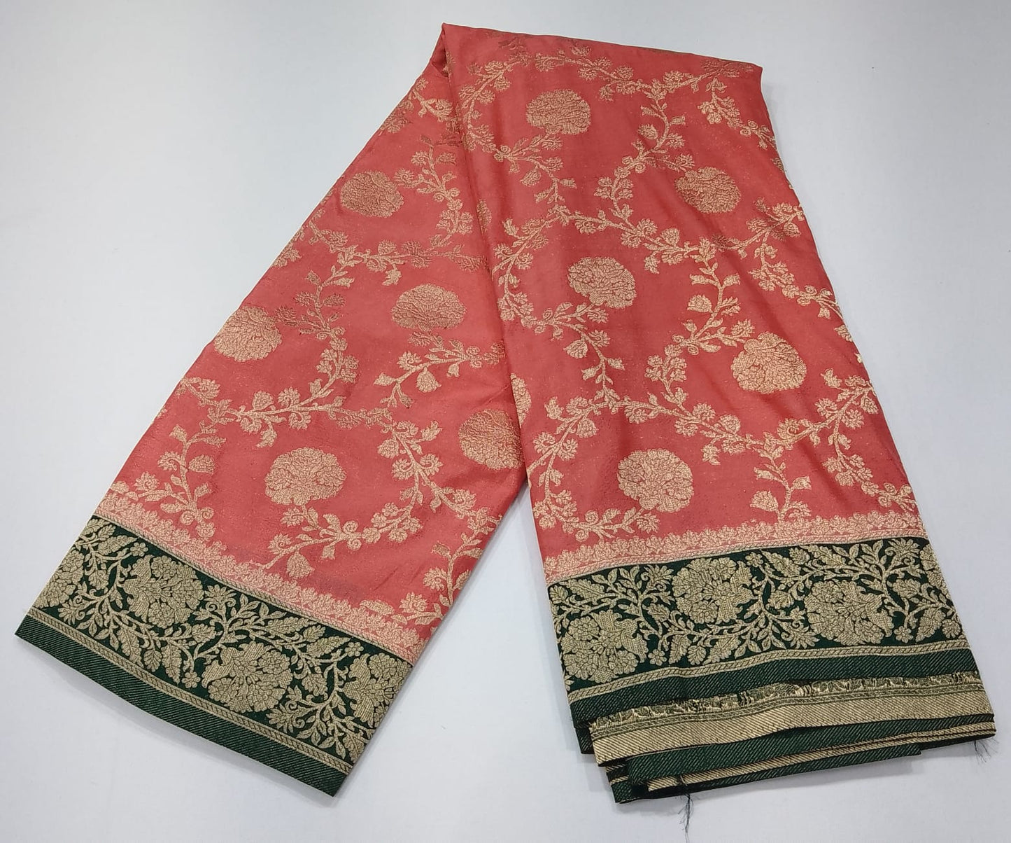 Coral Pink & Forest Green Georgette Chinnon Saree with Antique Gold Zari