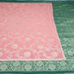 Coral Pink & Forest Green Georgette Chinnon Saree with Antique Gold Zari