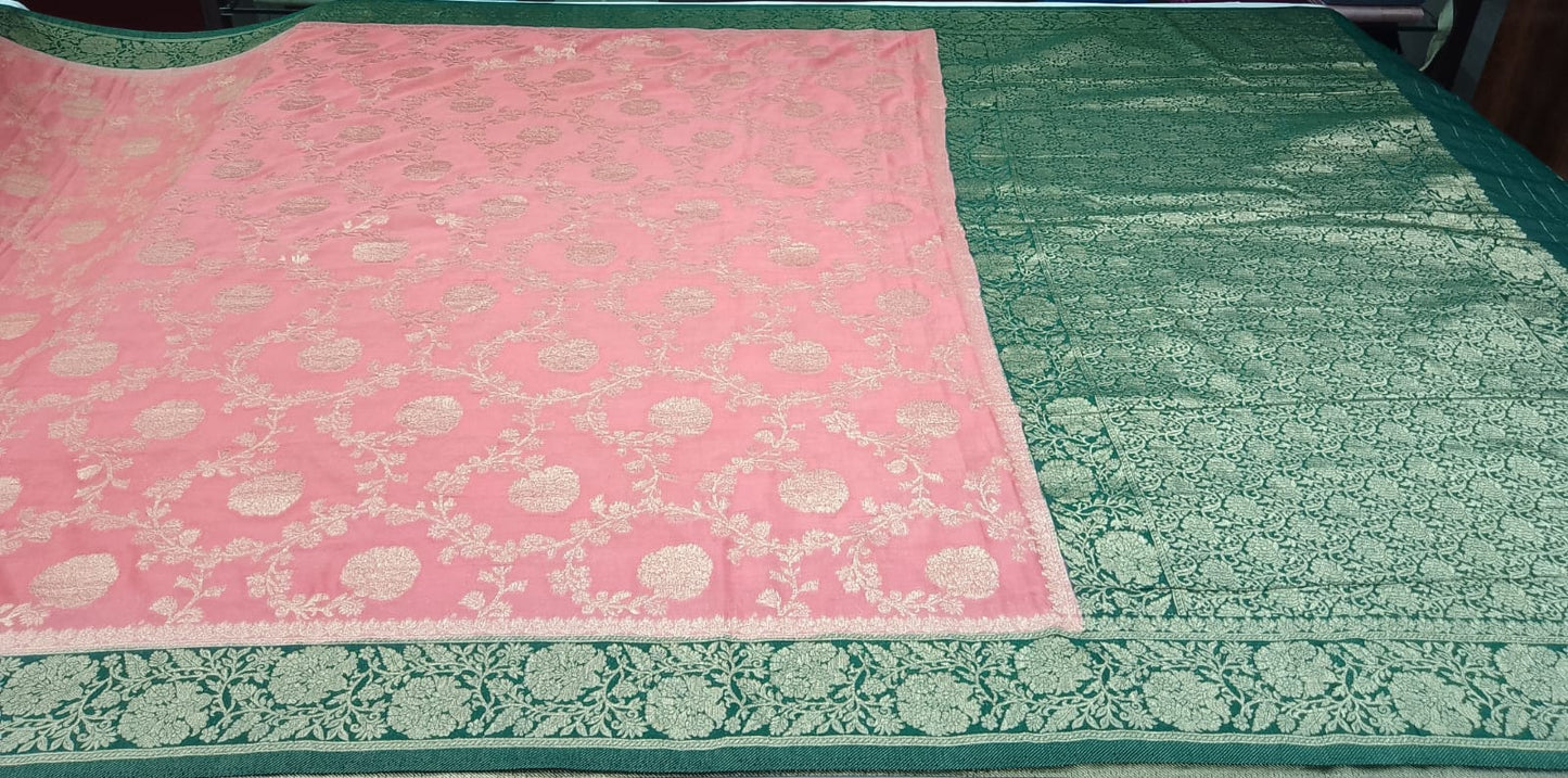 Coral Pink & Forest Green Georgette Chinnon Saree with Antique Gold Zari