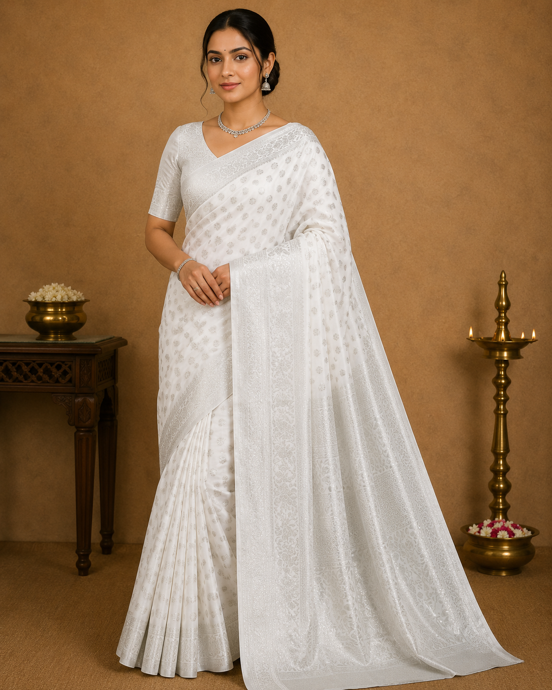 Elegant Pearl White Georgette Chinnon Saree with Silver Zari Buttas
