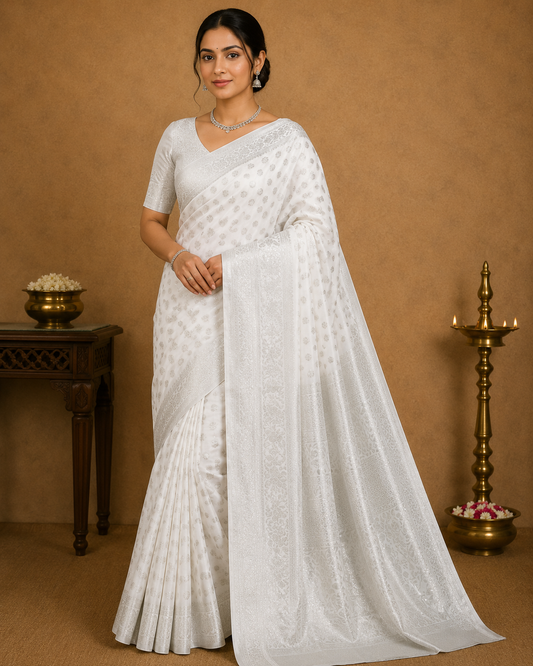 Elegant Pearl White Georgette Chinnon Saree with Silver Zari Buttas