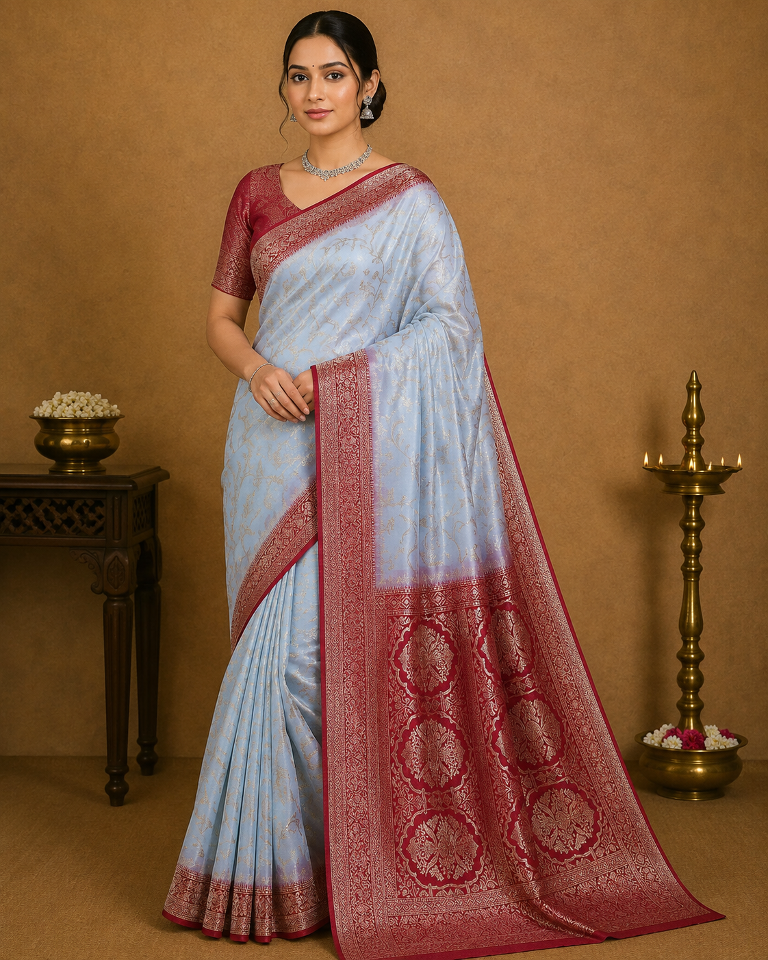 Elegant Powder Blue Georgette Chinnon Saree with Wine Red Zari Border & Pallu