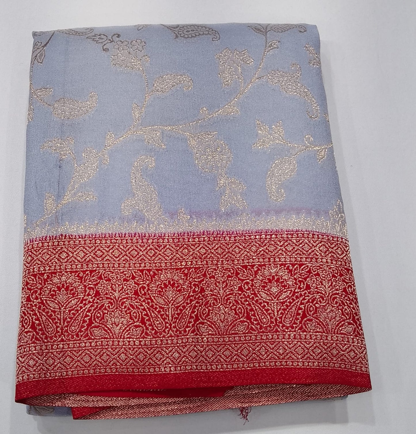 Elegant Powder Blue Georgette Chinnon Saree with Wine Red Zari Border & Pallu