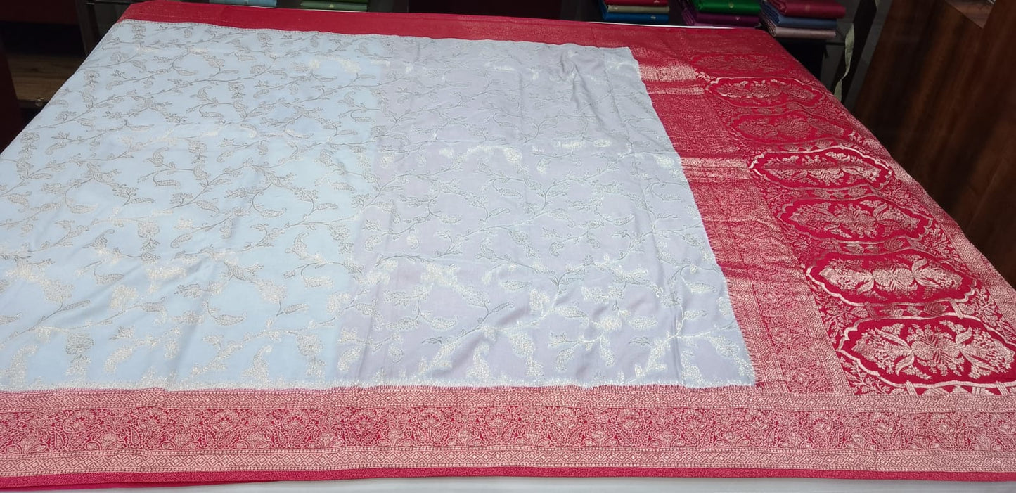 Elegant Powder Blue Georgette Chinnon Saree with Wine Red Zari Border & Pallu