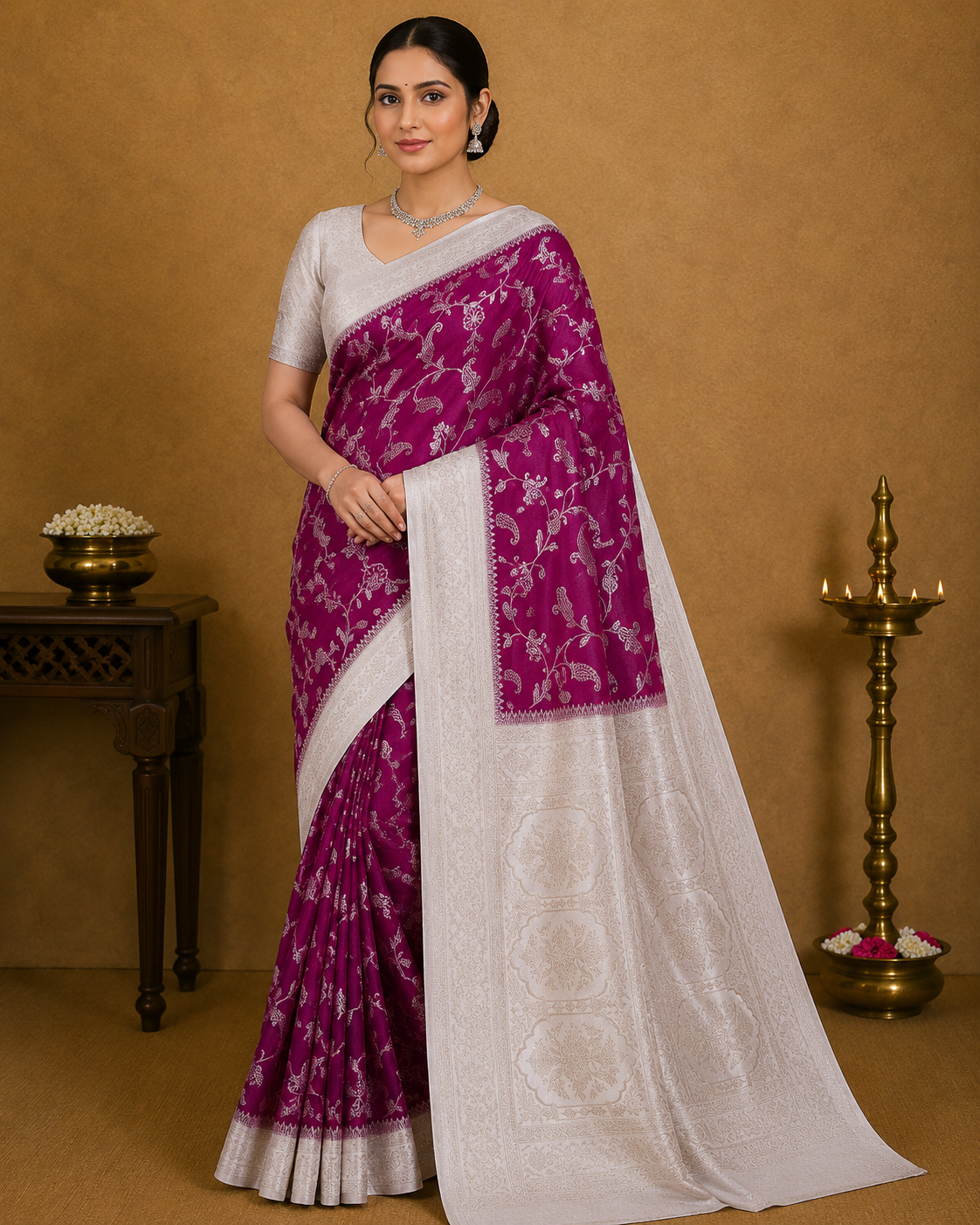 Magenta Georgette Chinnon Saree with Silver Zari Floral & Paisley Weaves