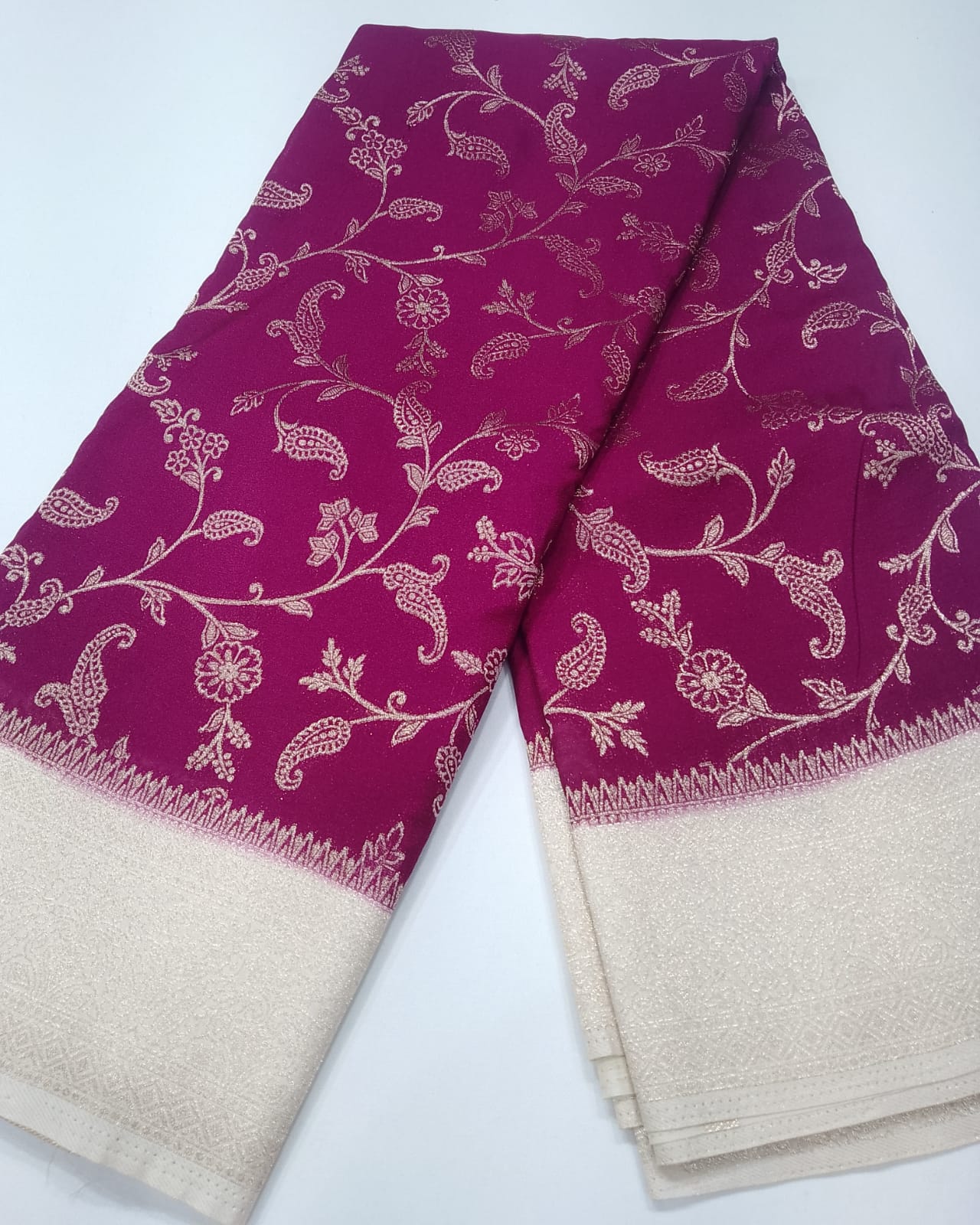 Magenta Georgette Chinnon Saree with Silver Zari Floral & Paisley Weaves