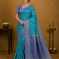 Turquoise Blue Georgette Chinnon Saree with Royal Blue Silver Zari Border