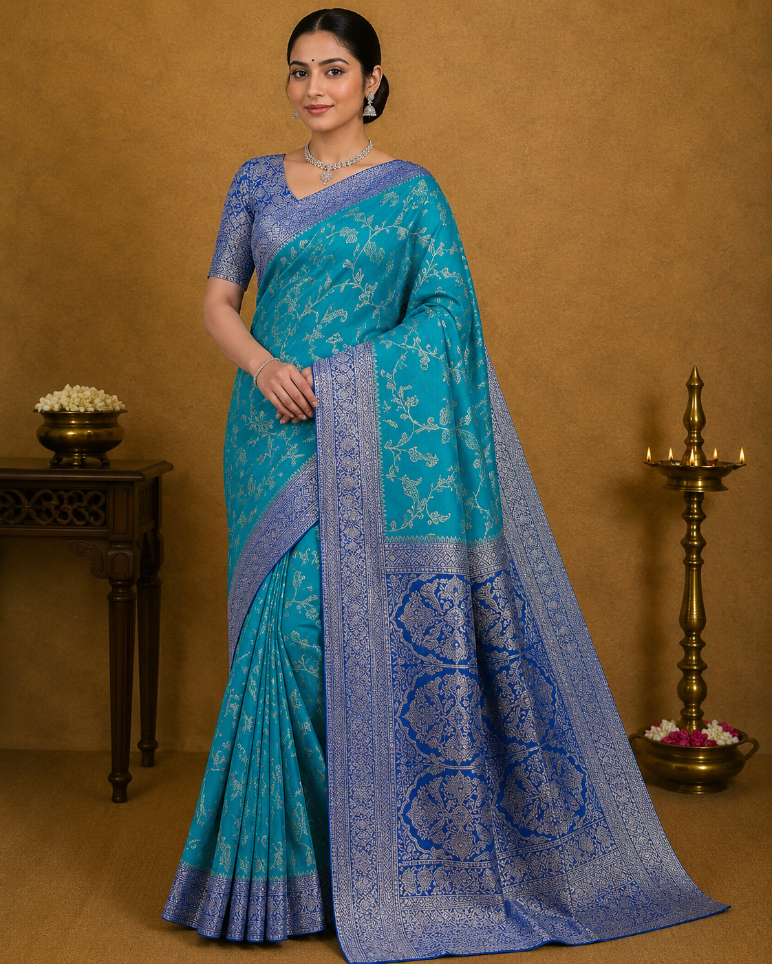 Turquoise Blue Georgette Chinnon Saree with Royal Blue Silver Zari Border
