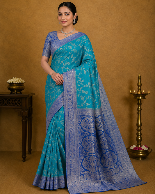 Turquoise Blue Georgette Chinnon Saree with Royal Blue Silver Zari Border