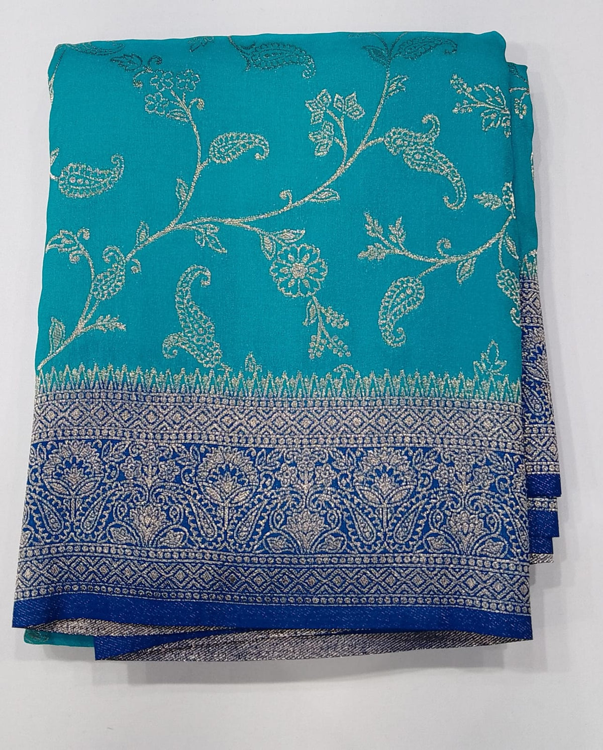 Turquoise Blue Georgette Chinnon Saree with Royal Blue Silver Zari Border