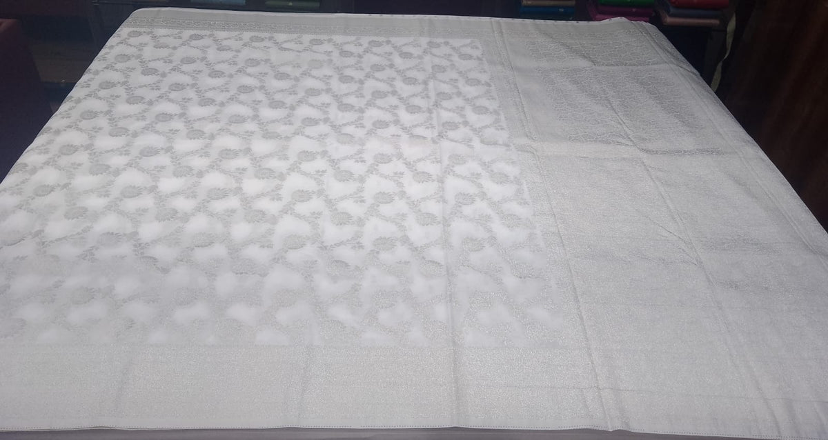 Pearl White Silver Zari Floral Georgette Chinnon Saree