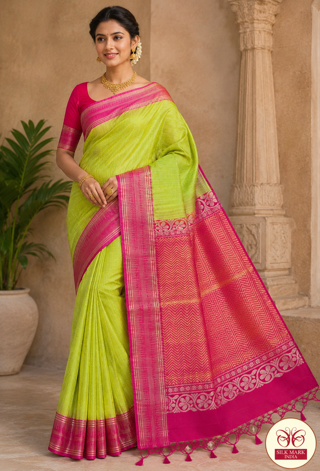 Pure Handloom Soft Silk Dual Tone Saree – Lime Green & Rani Pink with Rich Zari Pallu