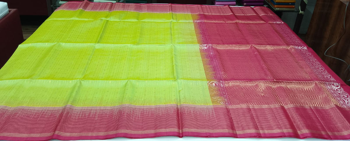 Pure Handloom Soft Silk Dual Tone Saree – Lime Green & Rani Pink with Rich Zari Pallu